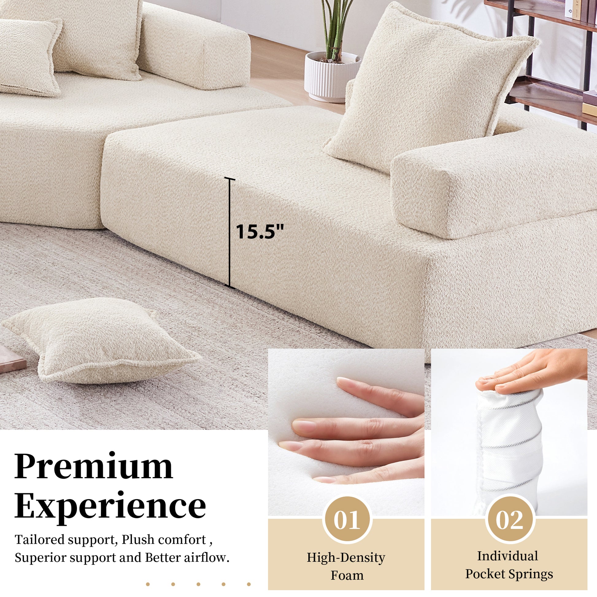 Corner Frame For Oversized Modular U Shaped Sectional Sofa,Luxury Boucle Floor Couch Set,Convertible Sleeper Couch,Spacious Foam Filled Sofa Bed For Living Room Beige Boucle 1 Seat