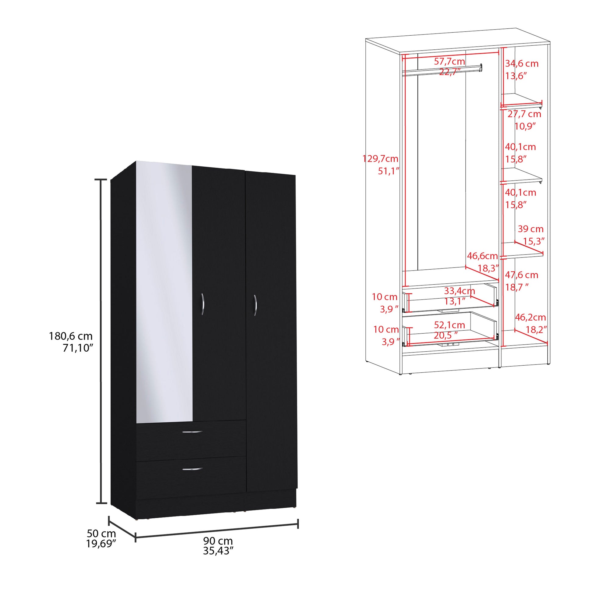 Riverside 3 Door Mirrored Armoire With Two Drawers, Four Shelves, And Hanging Rod Black Black Bedroom Particle Board