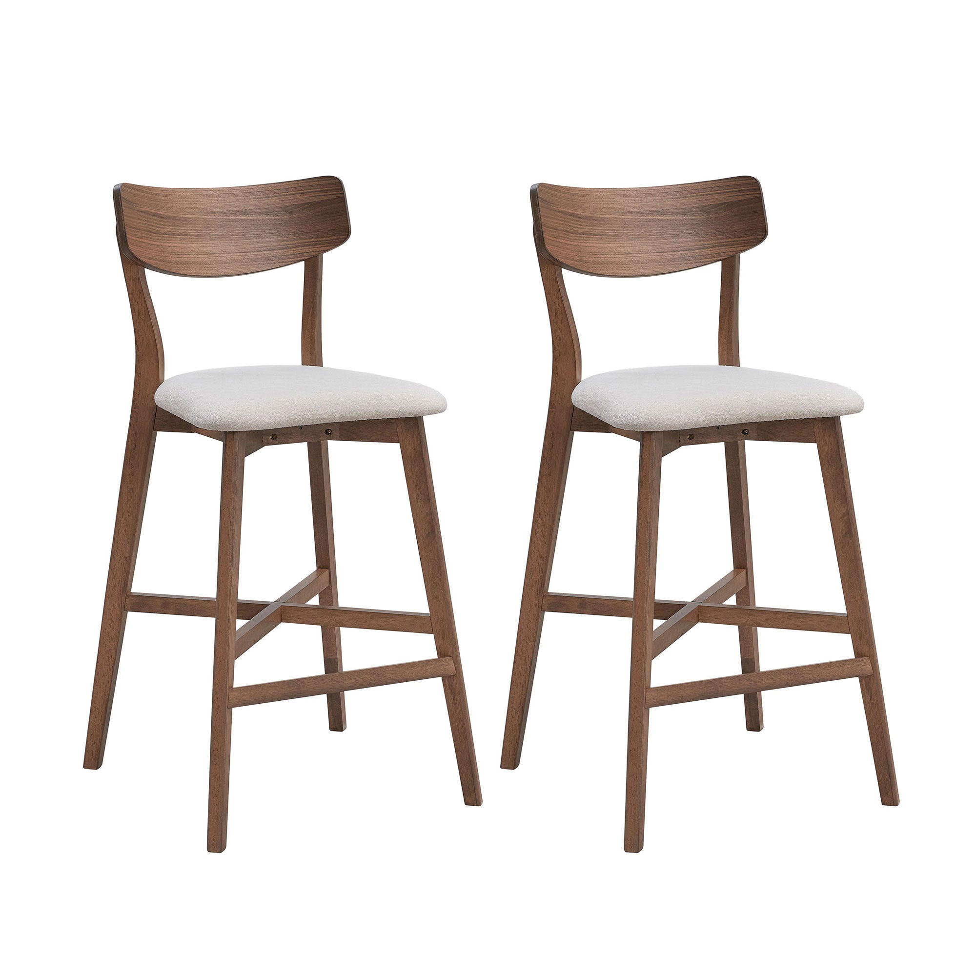 Wooden Bar Chairs Set Of 2, Modern Soft Upholstered Kitchen Island Chairs, Counter Height Stool With Backrest,Wooden Frame Chairs With Footrest For Pub,Living Room,Restaurant,Walnut Walnut Solid