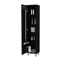 Lawen Tall Storage Cabinet, Single Door, 3 Broom Hangers Black Contemporary Particle Board Melamine