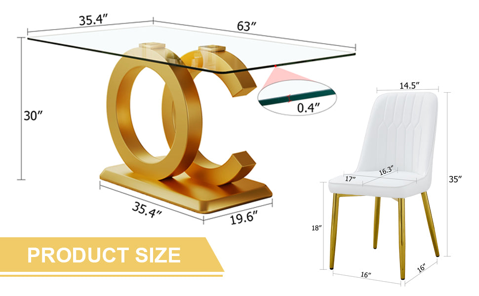 Table And Chair Set.63"W X 35.4"D X 30"H Clear Tempered Glass Desk And Chair Set With 6 White Pu Chairs With Gold Metal Legs.Bring A Comfortable Home Experience To The Kitchen, Bedroom, And Office.