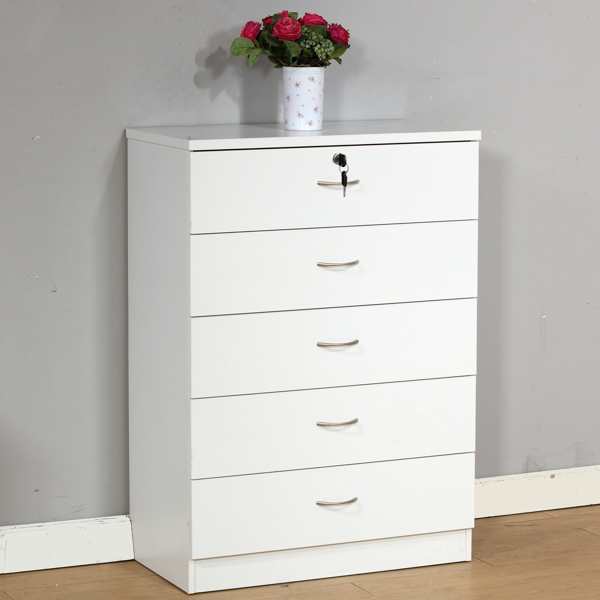 Five Drawer Chest Metal Handles Locking Top Drawer Metal Glide Rails White Melamine Laminate White Particle Board Mdf