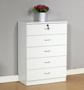 Five Drawer Chest Metal Handles Locking Top Drawer Metal Glide Rails White Melamine Laminate White Particle Board Mdf