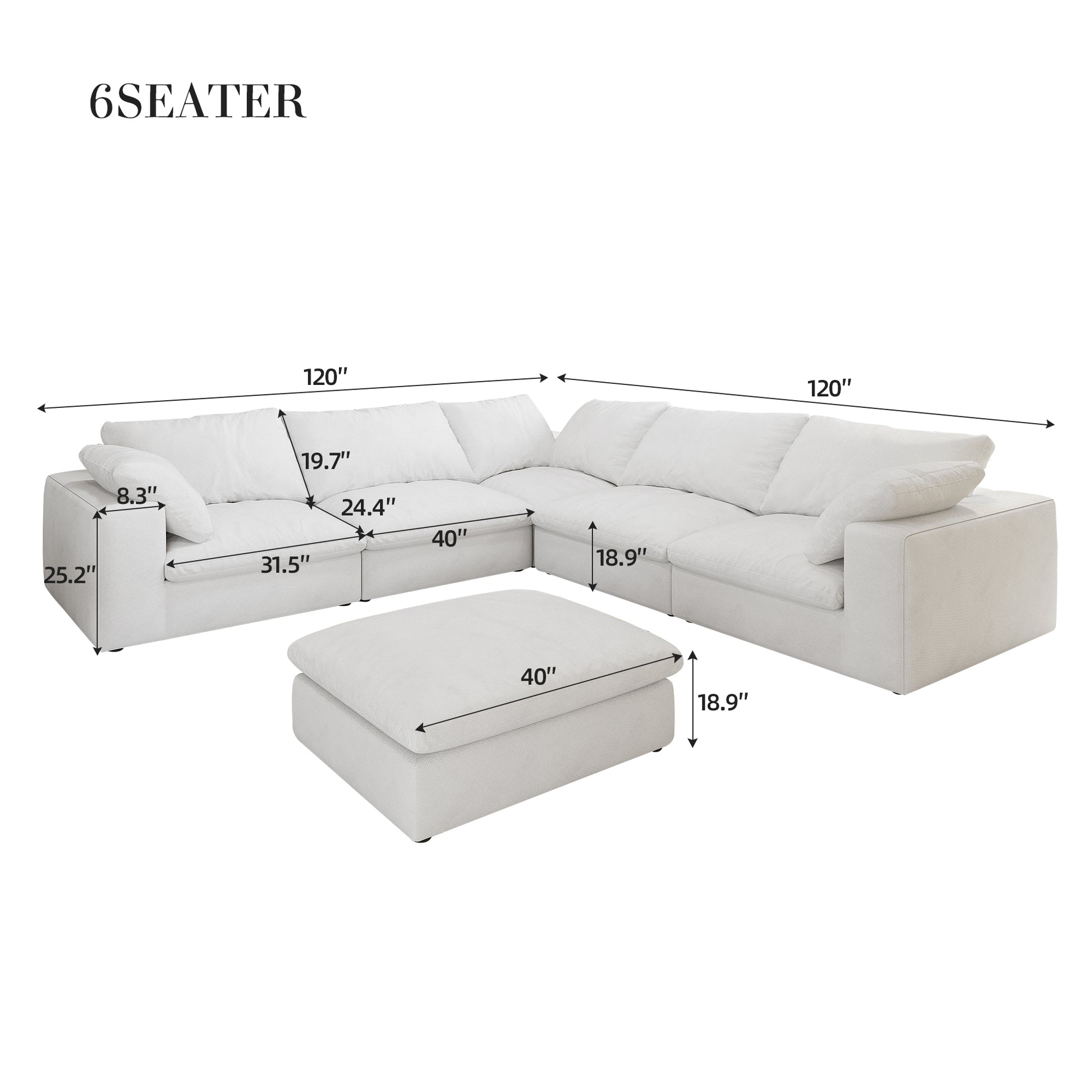 Oversized 160" Cloud Modular Sectional Sofa With Storage Ottomans, V Shaped Minimalist Sofa Couch, 6Seaters Convertible Couch Deep Seat Couches For Living Room 6Seaters White Down Filling,Fabric,Foam 6 Seat