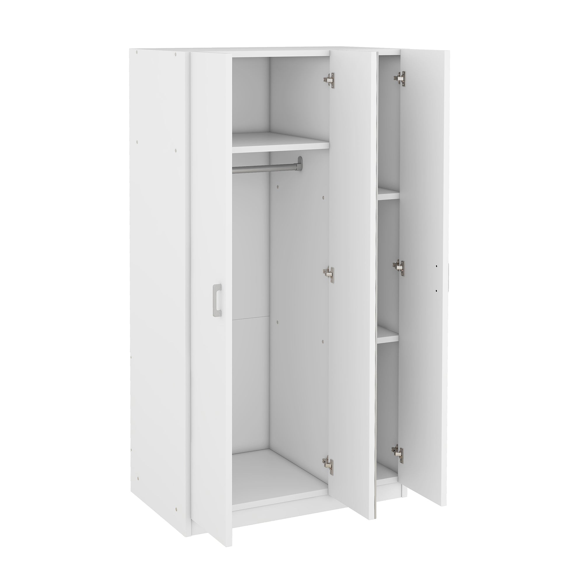 3 Door Wardrobe With Mirror, Armoire With Hanging Rod And 3 Fixed Shelves,White White Particle Board