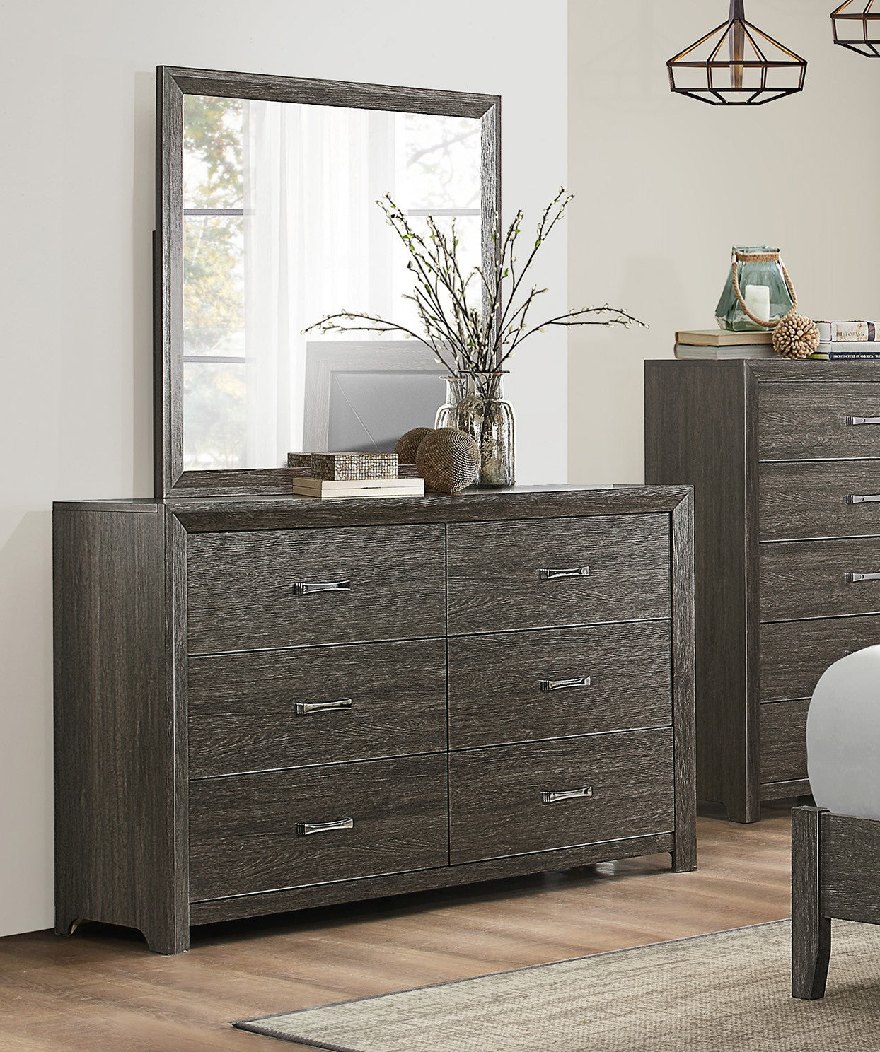 Dark Gray Finish 1Pc Dresser Of 6X Drawers Chrome Tone Handles Contemporary Design Bedroom Furniture Dark Gray Bedroom Contemporary Wood