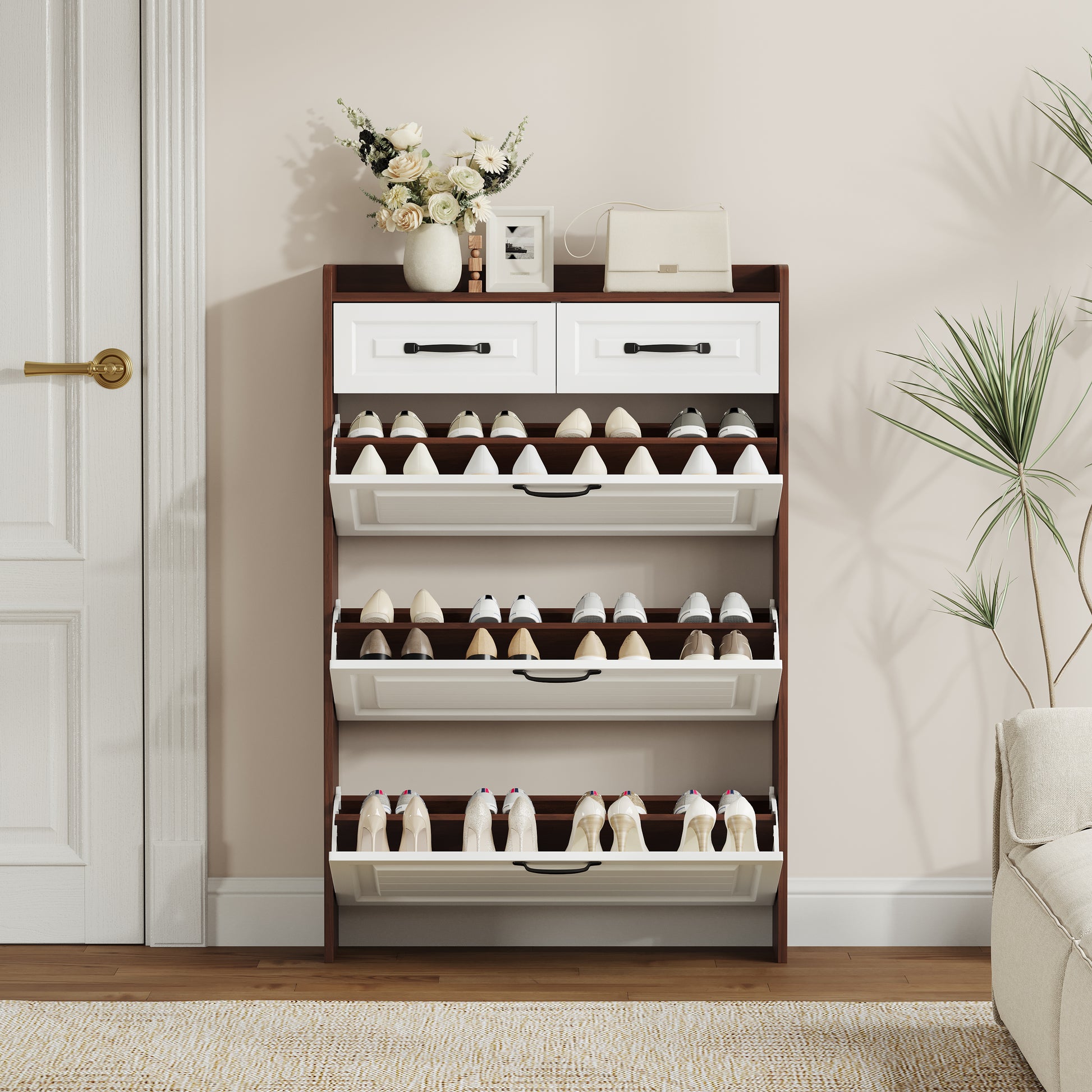 1250 Walnut Colored Shoe Cabinet, 3 Doors And 2 Drawers, Pvc Door Design, Large Storage Space Freestanding Walnut Primary Living Space Adjustable Shelves Classic Wood Particle Board Mdf