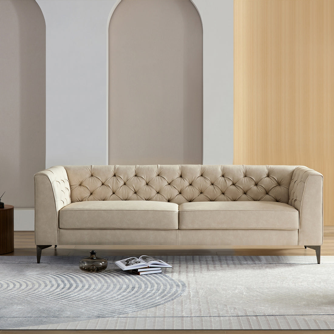 Wks5G Elegant Beige Leather Main Color, The Sofa Presents A Calm And Elegant Appearance Beige Leather 3 Seat