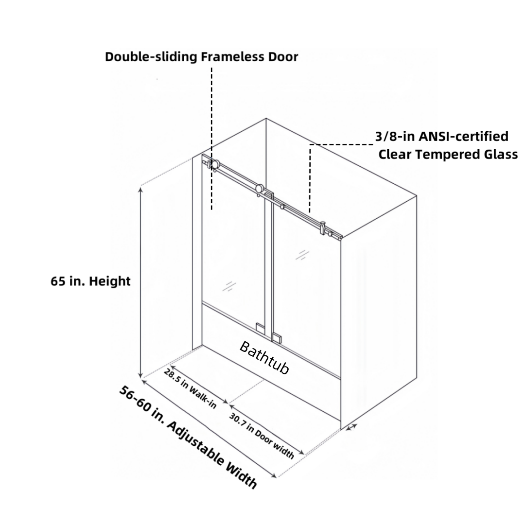 56 60In. W X 65'' H Frameless Double Sliding Tub Door, Bypass Tub Door Clear Glass Soft Closing, 23D02 T60Bn Brushed Nickel Brushed Nickel Stainless Steel