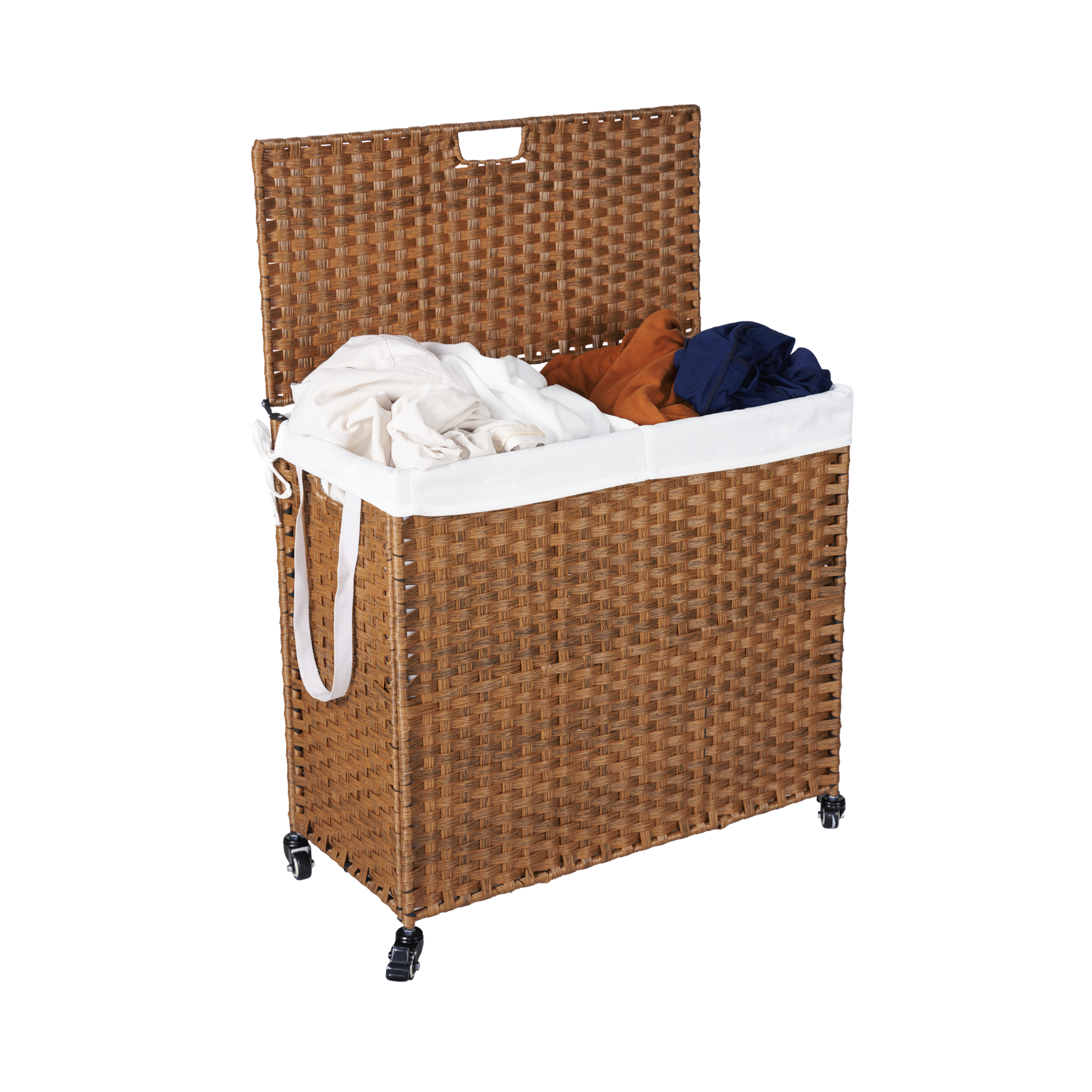 Laundry Hamper With Lid Pe Rattan Powder Coating Frame Clothes Hampers With 02 Removable Bags, Wheels, 160L, Brown Color Brown 1 Bathroom American Design,American Traditional Wicker