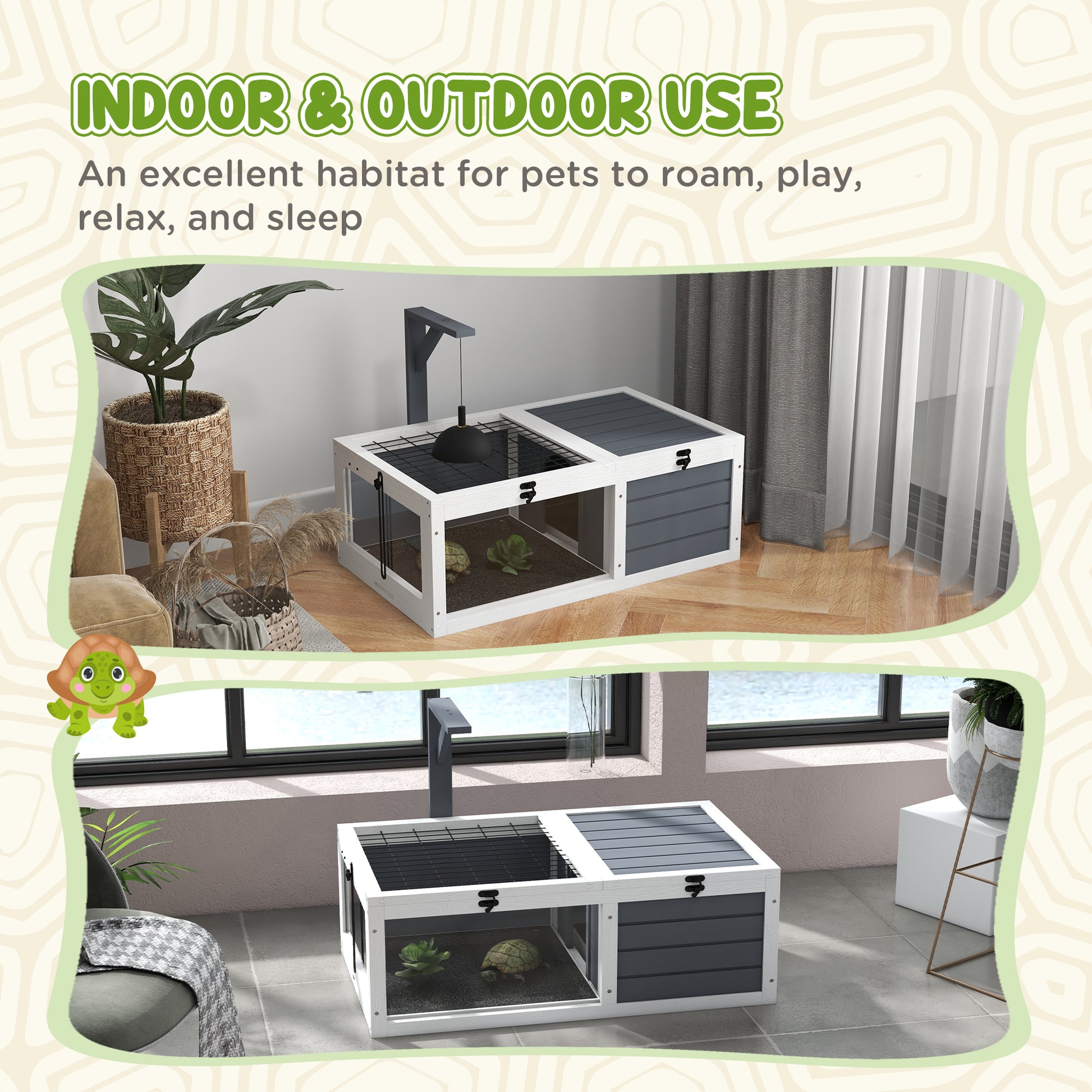 Pawhut Tortoise Habitat, Wooden Tortoise House, Indoor Outdoor Tortoise Enclosure With Lamp Holder, Pull Out Waterproof Trays, Openable Lids, Gray Gray Wood