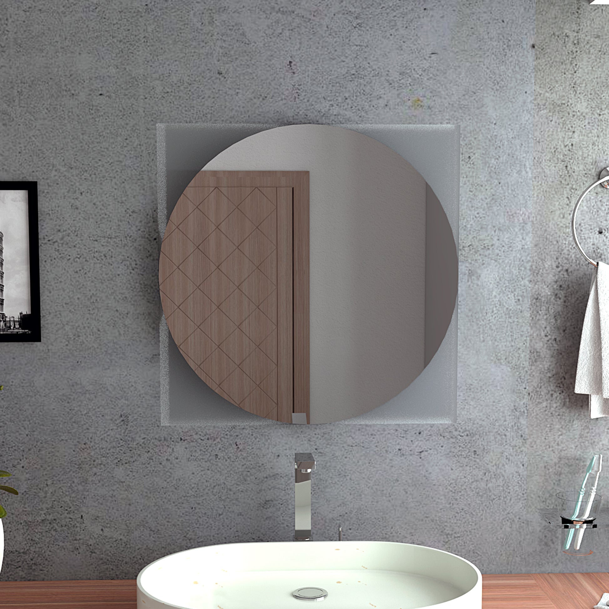 Mirror Mundip, With Sandblasting Borders, Square Shape Clear Particle Board