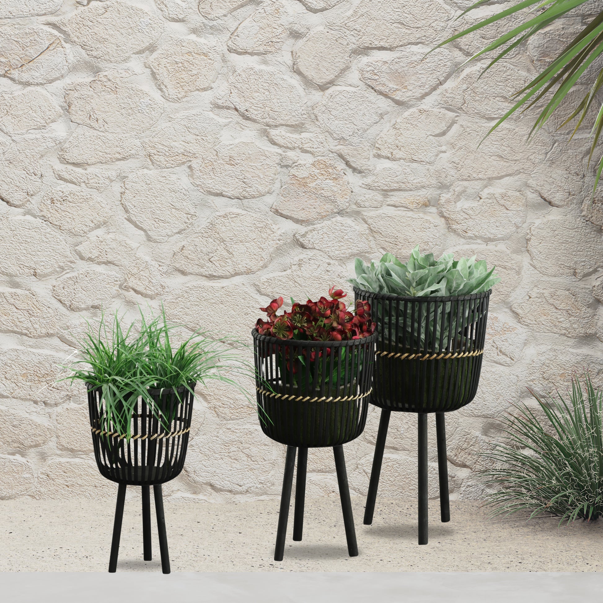 black bamboo house plant S 3 Bamboo Footed Planters 11 13 15", Black Black Bamboo