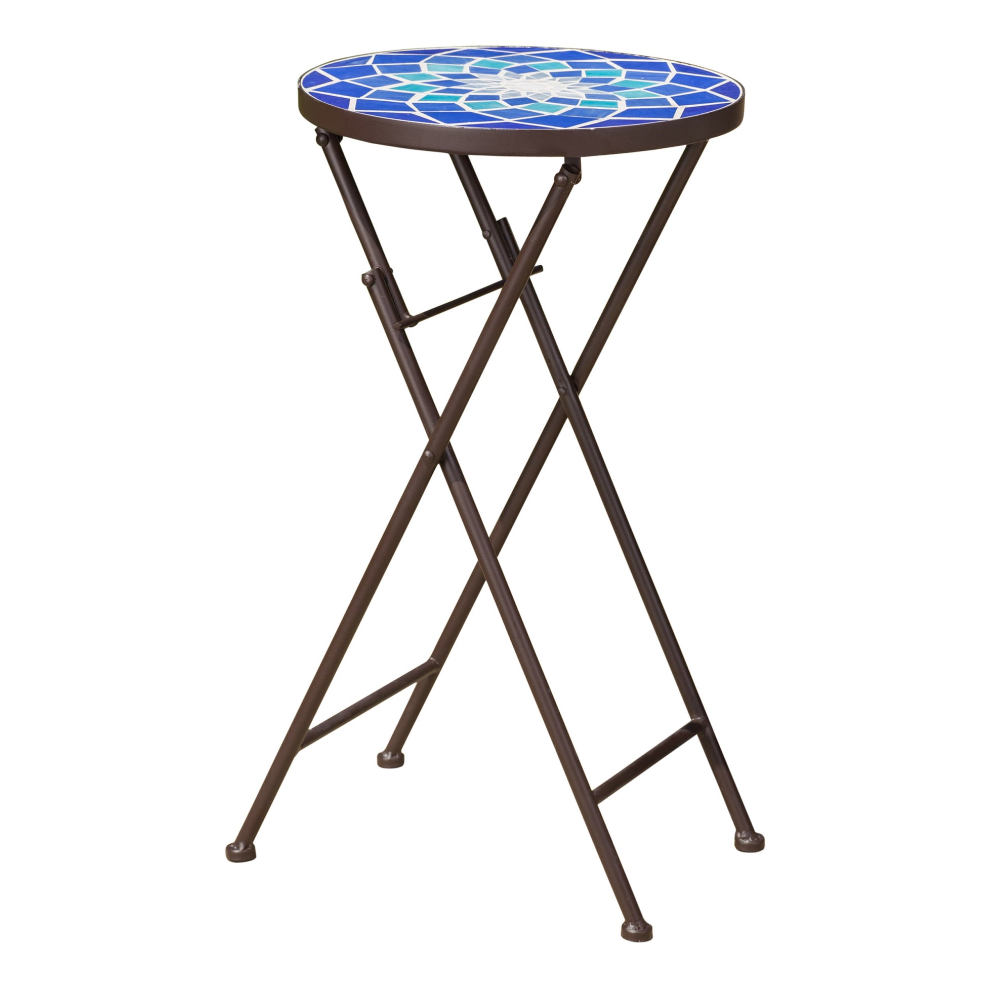 Azure End Table - White Blue Ceramic Tile Iron