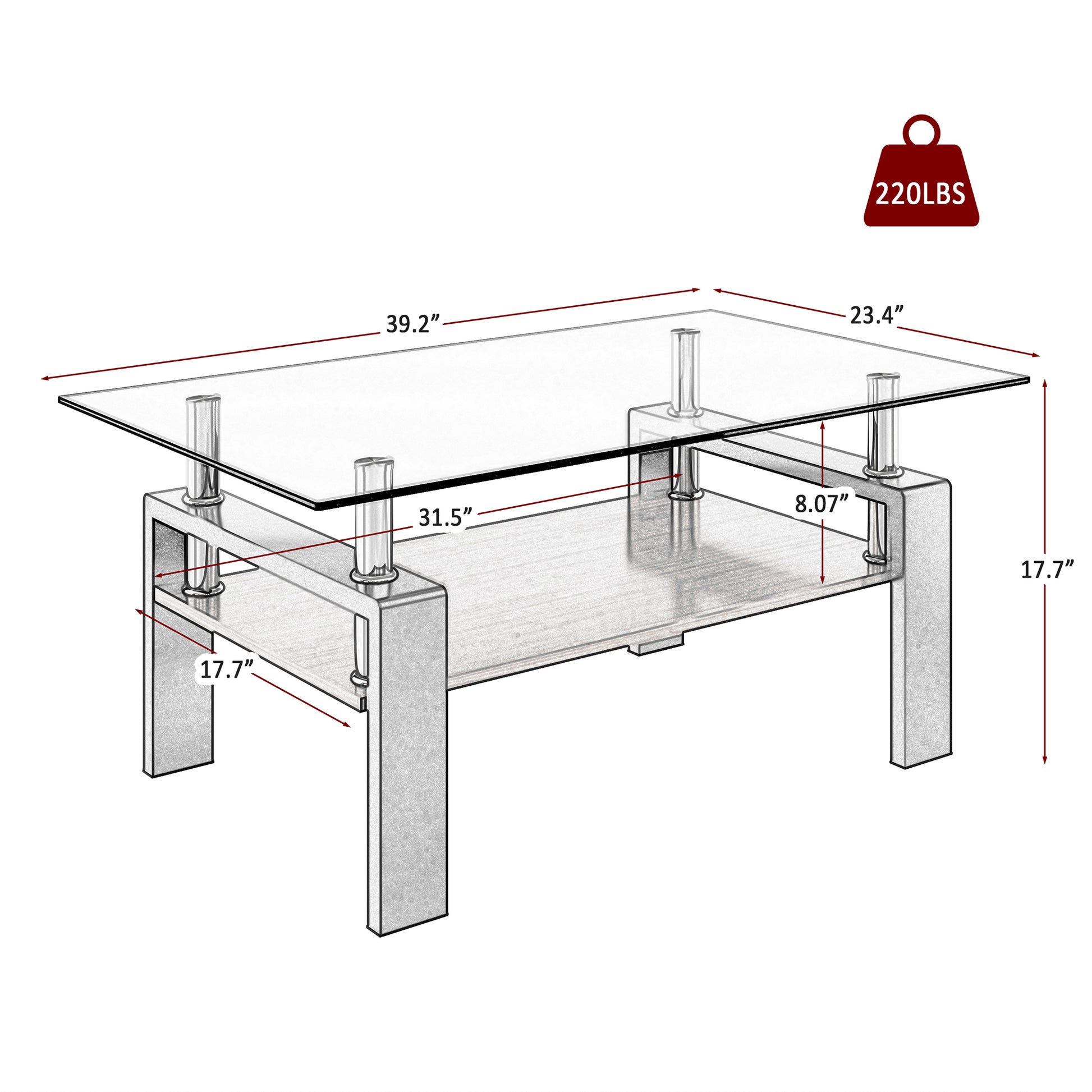 Rectangle Coffee Table, Tempered Glass Tabletop With Mdf Layer, Modern Table For Living Roomgray Glass Gray Tempered Glass