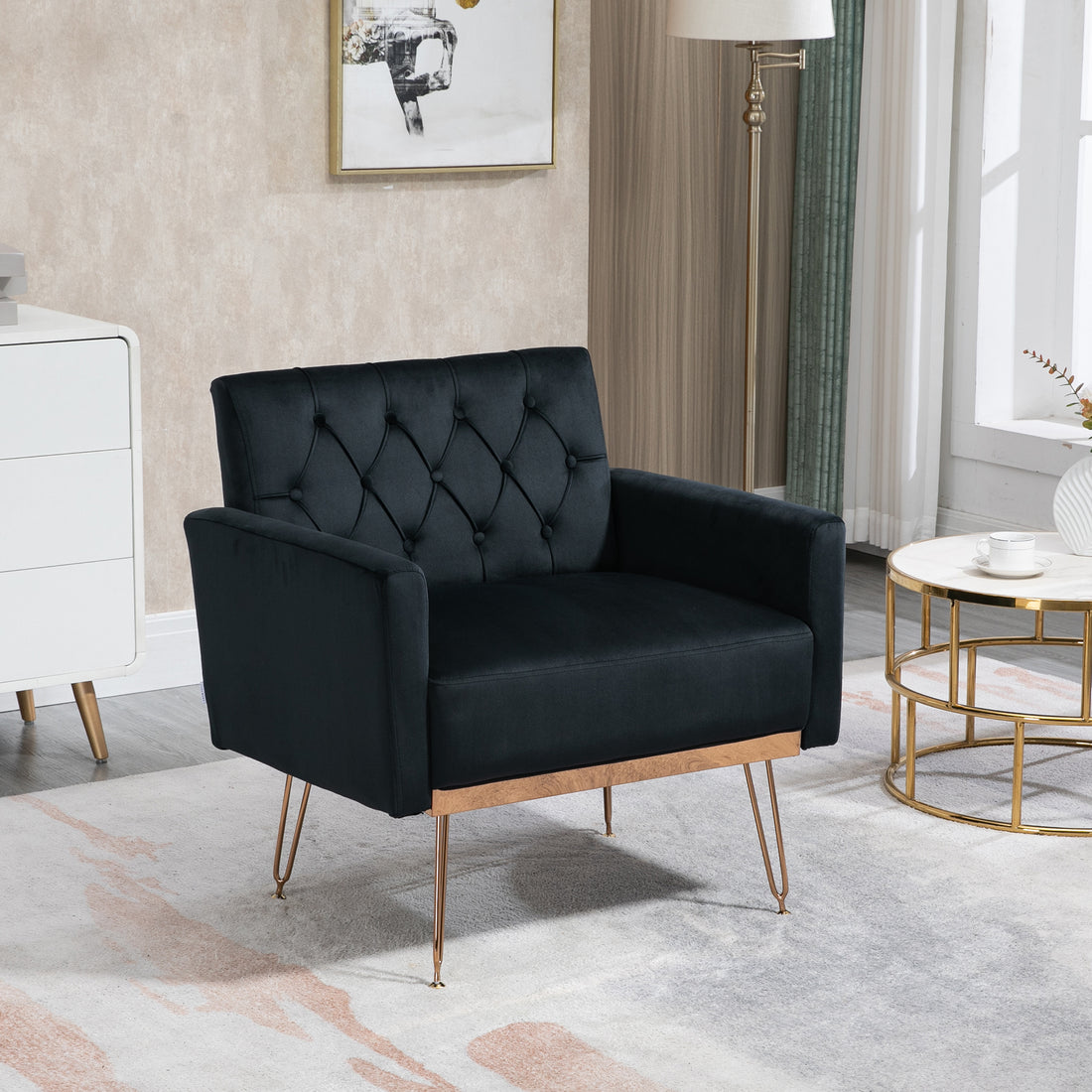 Coolmore Velvet Armchair Single Sofa Modern Tufted Upholstered Side Reading Chairs With Arm And Gold Metal Leg For Living Room Bedroom Black Black Foam Velvet