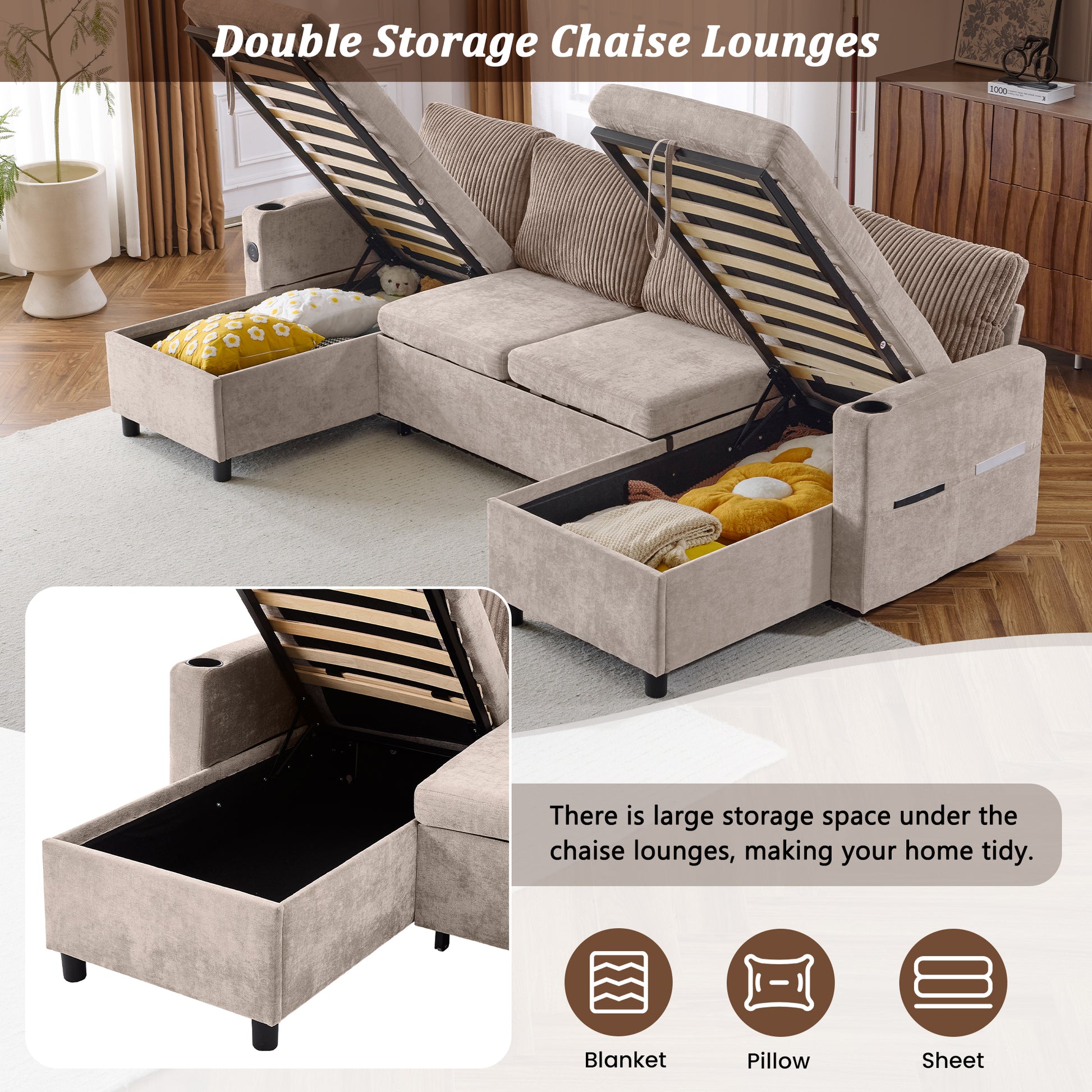 111.8" Sectional Sofa Pull Out Sofa Bed Versatile Sofa Sleeper With Large Storage Space, Two Usb Ports And Two Cup Holders For Living Room, Brown Brown Foam Chenille 4 Seat