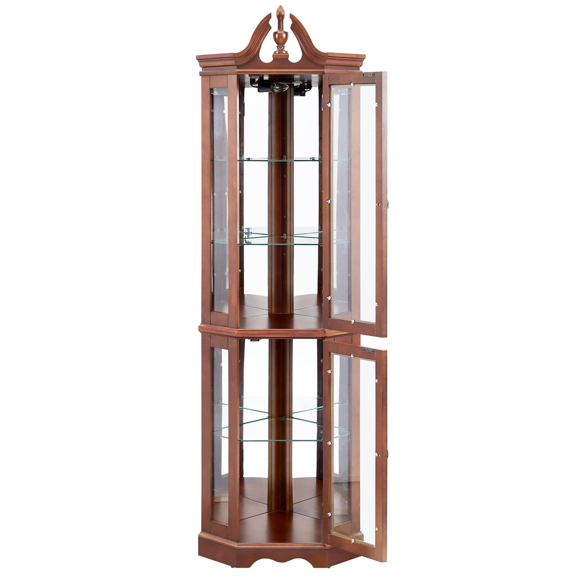 Walnut Corner Curio Cabinet With Lights, Adjustable Tempered Glass Shelves, Mirrored Back, Display Cabinet E26 Light Bulb Not Included Walnut Mdf