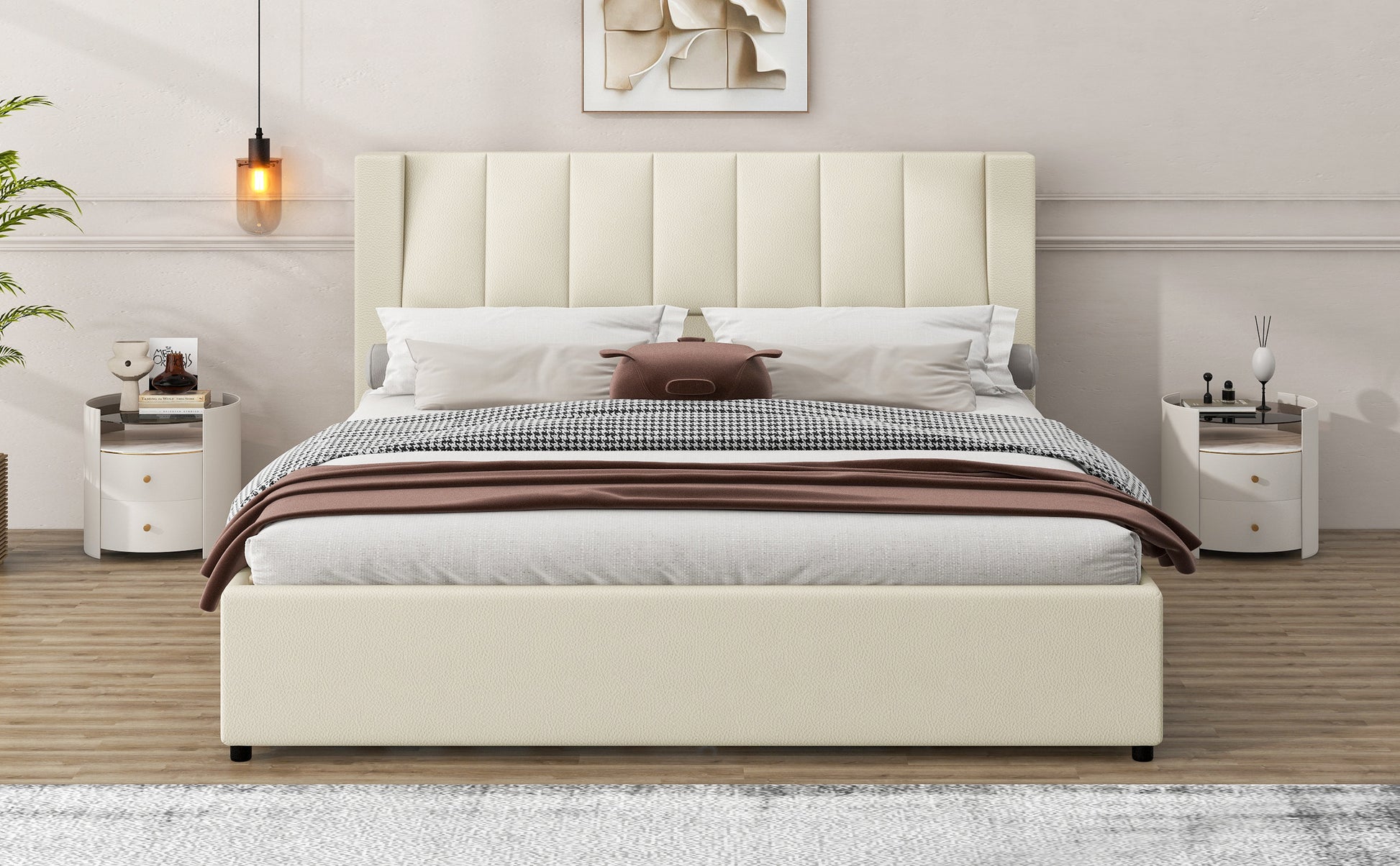 King Size Upholstery Platform Bed With Storage Headboard, 2 Drawers And Trundle,Beige King Beige Upholstered