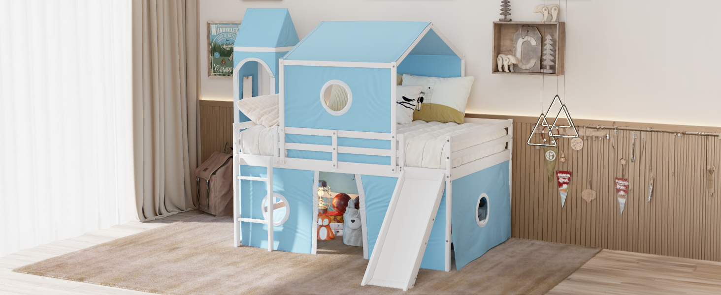 Full Size Loft Bed With Slide Pink Tent And Tower Blue Old Sku:Wf298771Aac Full Blue Solid Wood