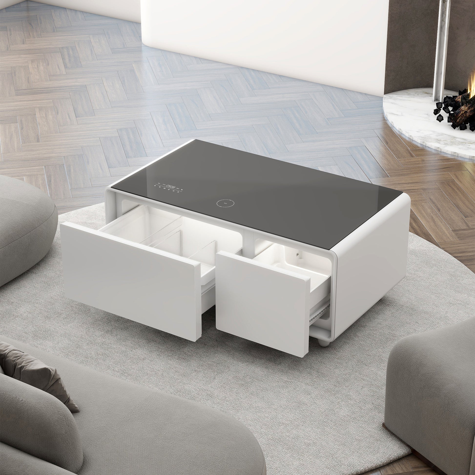 Modern Smart Coffee Table With Built In Fridge, Bluetooth Speaker, Wireless Charging, Touch Control Panel, Usb Ports, Outlet Protection, Atmosphere Light, White White Built In Outlets Or Usb Primary Living Space Freestanding Rectangular Drawers Coffee &