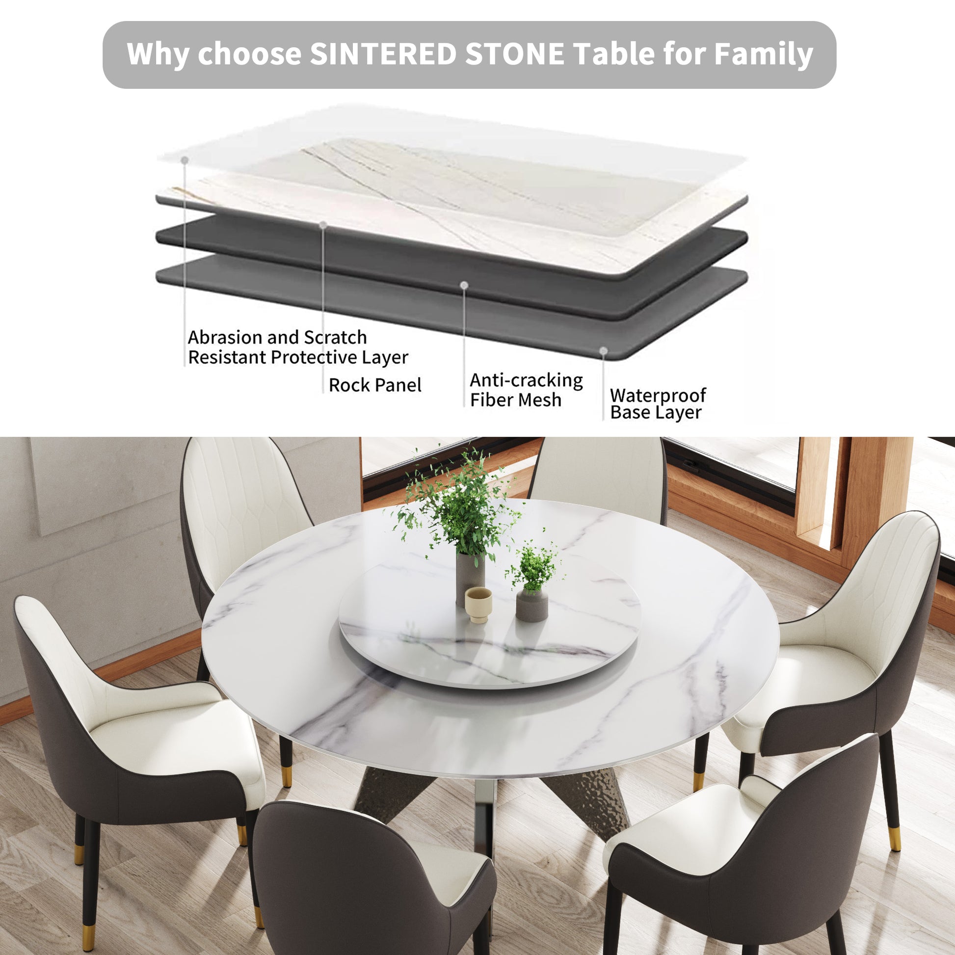 59.05" Round Marble Dining Table With Silver Stainless Steel Design Base, Artificial Marble For 6 8 People, 31.5"White Artificial Stone Turntable,White Dining Table Only Silver,White Dining Room