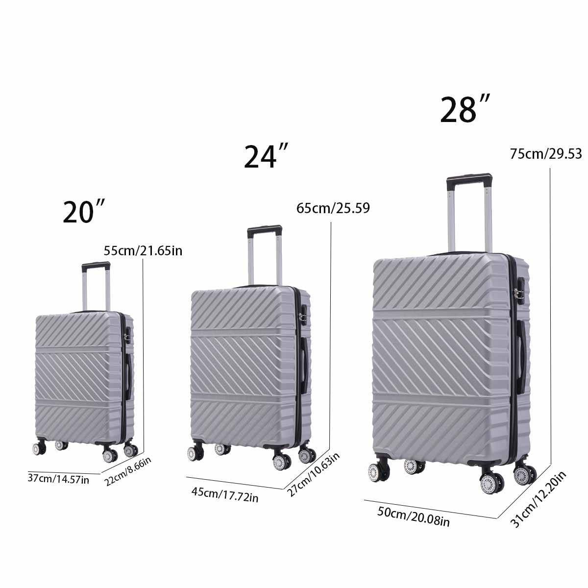 3 Piece Travel Lightweight Suitcase With Wheels, Password Lock, Business And Travel Carry On Luggage, Silver Gray 20 Inches 24 Inches 28 Inches Silver Grey Abs