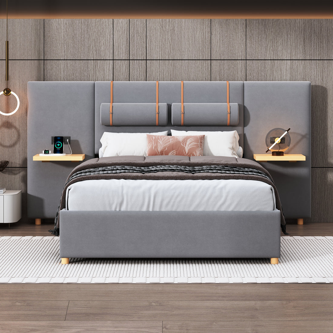 Full Size Upholstered Platform Bed With Two Outlets And Usb Charging Ports On Both Sides, Two Bedside Pillows, Storage Shelf, Velvet,Gray Full Gray Mdf Lvl