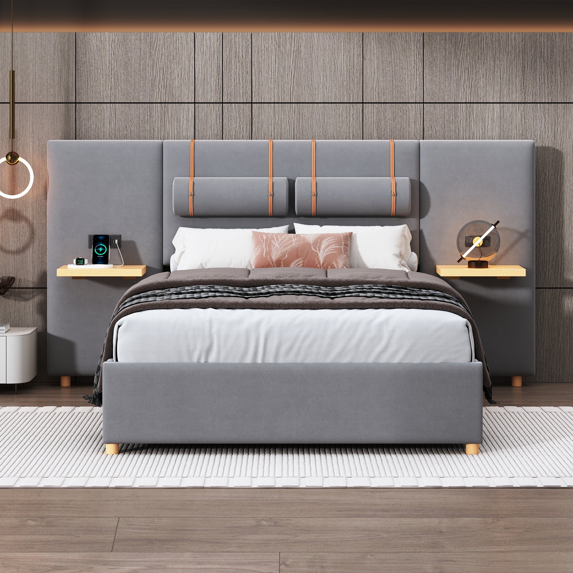 Full Size Upholstered Platform Bed With Two Outlets And Usb Charging Ports On Both Sides, Two Bedside Pillows, Storage Shelf, Velvet,Gray Full Gray Mdf Lvl