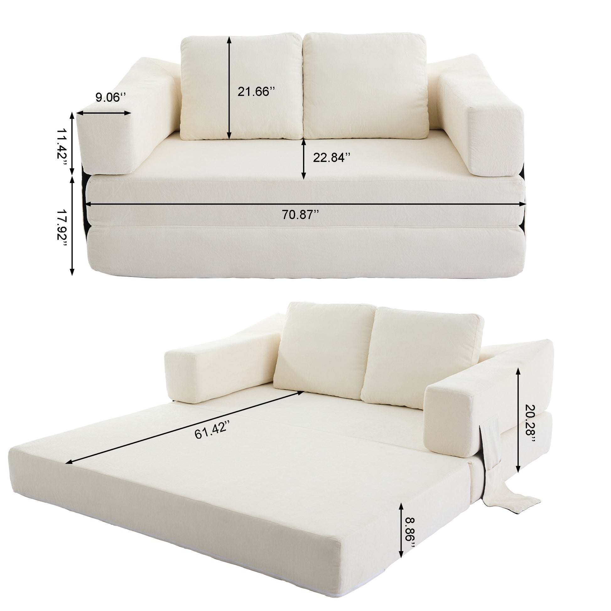 Modern Minimalist Sofa, Fold Out Sofa Bed, Convertible Chair Floor Couch & Sleeping Mattress For Living Room, Bedroom, Apartment, Removable Backrest, White White Chenille Soft Vintage Chenille 2 Seat