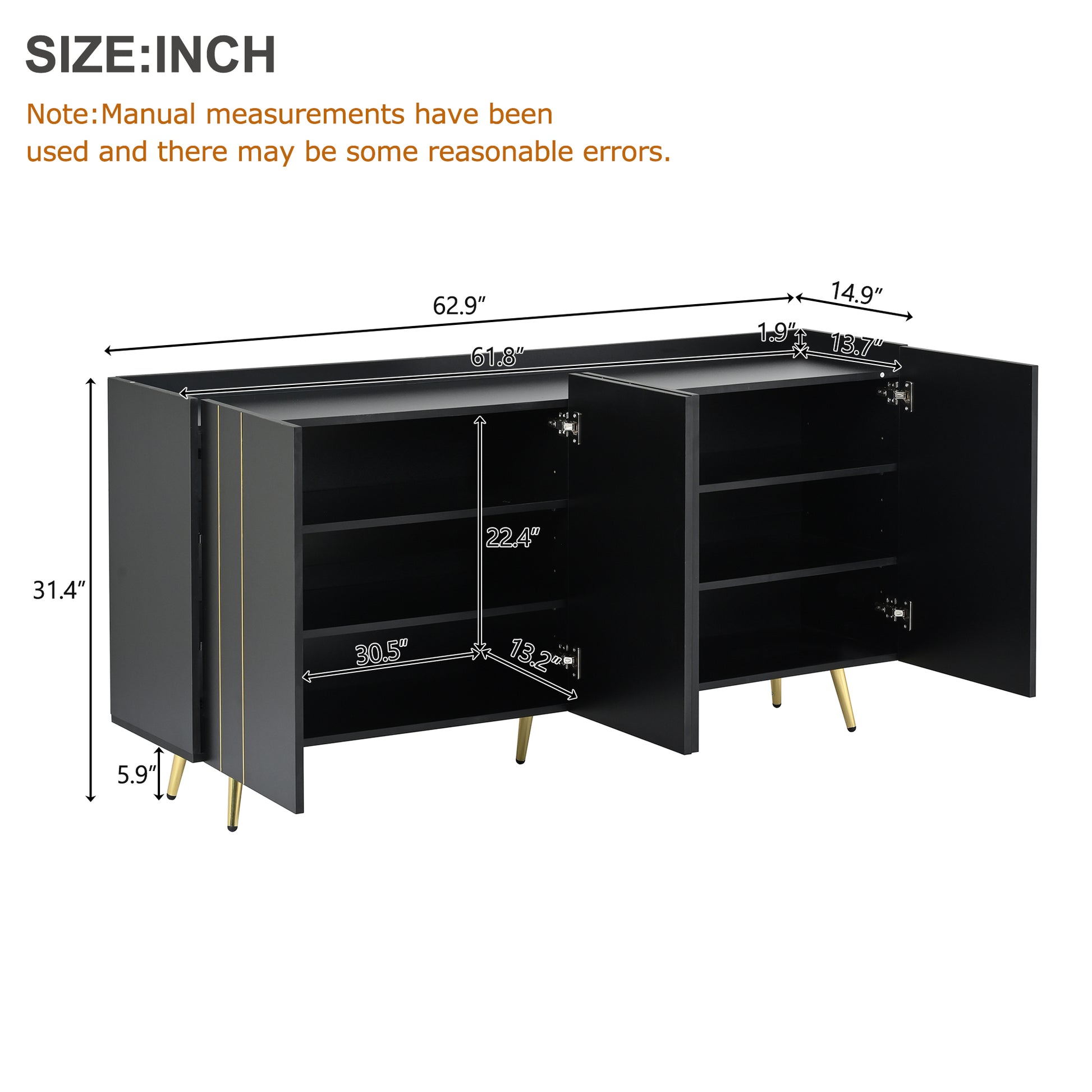 Luxurious Shoe Cabinet With 5 Metal Legs, Modern Tv Stand With 4 Adjustable Shelves For Tvs Up To 70", Minimalist Sideboard Cabinet With Gold Lines Doors For Living Room,62.9"X 31.4",Black Black