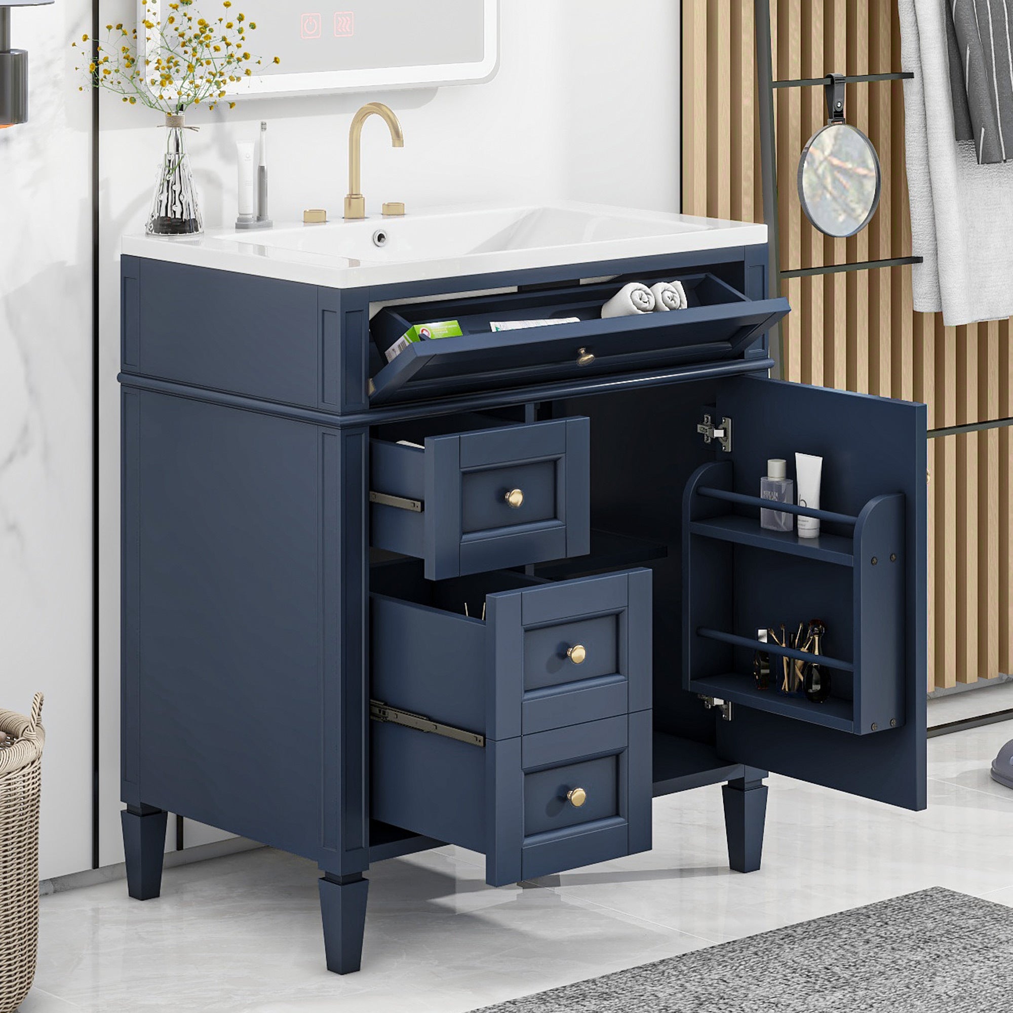 30'' Bathroom Vanity With Top Sink, Modern Bathroom Storage Cabinet With 2 Drawers And A Tip Out Drawer, Single Sink Bathroom Vanity 3 Blue 1 Soft Close Doors Bathroom Freestanding Mdf Painted