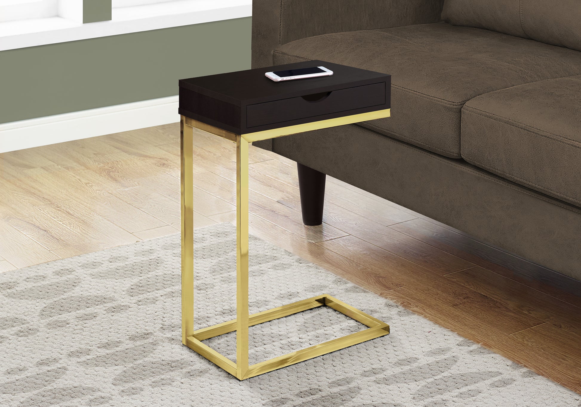 Accent Table, C Shaped, End, Side, Snack, Storage Drawer, Living Room, Bedroom, Brown Laminate, Gold Metal, Contemporary, Modern Espresso Particle Board