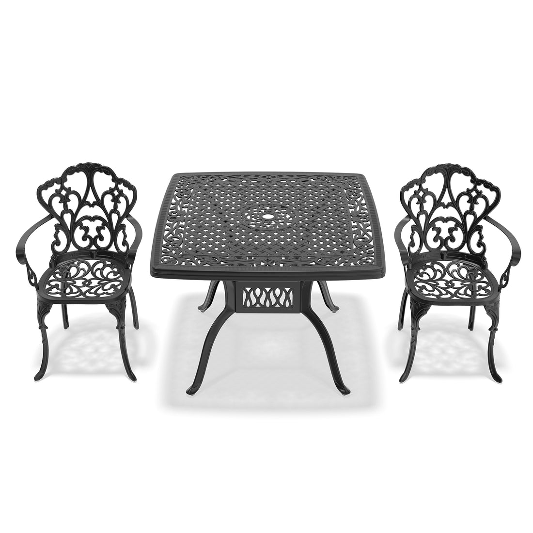 Cushions In Random Colors 3 Piece Set Of Cast Aluminum Patio Furniture With Cushions Yes Dining Set Black Seats 2 Rust Resistant Frame Water Resistant Cushion Garden & Outdoor Aluminium