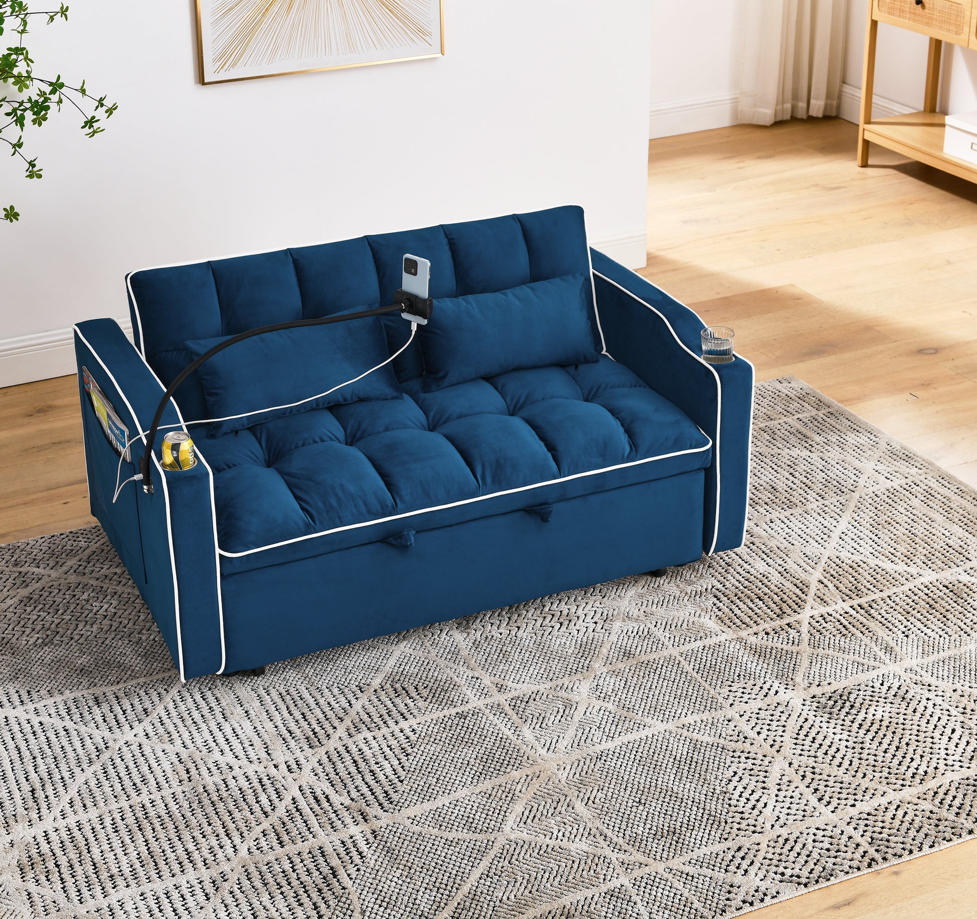 55.51 Inch Versatile Foldable Sofa Bed In 3 Lengths, Modern Sofa Sofa Sofa Velvet Pull Out Bed, Adjustable Back And With Usb Port And Ashtray And Swivel Phone Stand Blue Full Blue Primary Living Space American Design,American Traditional,Traditional