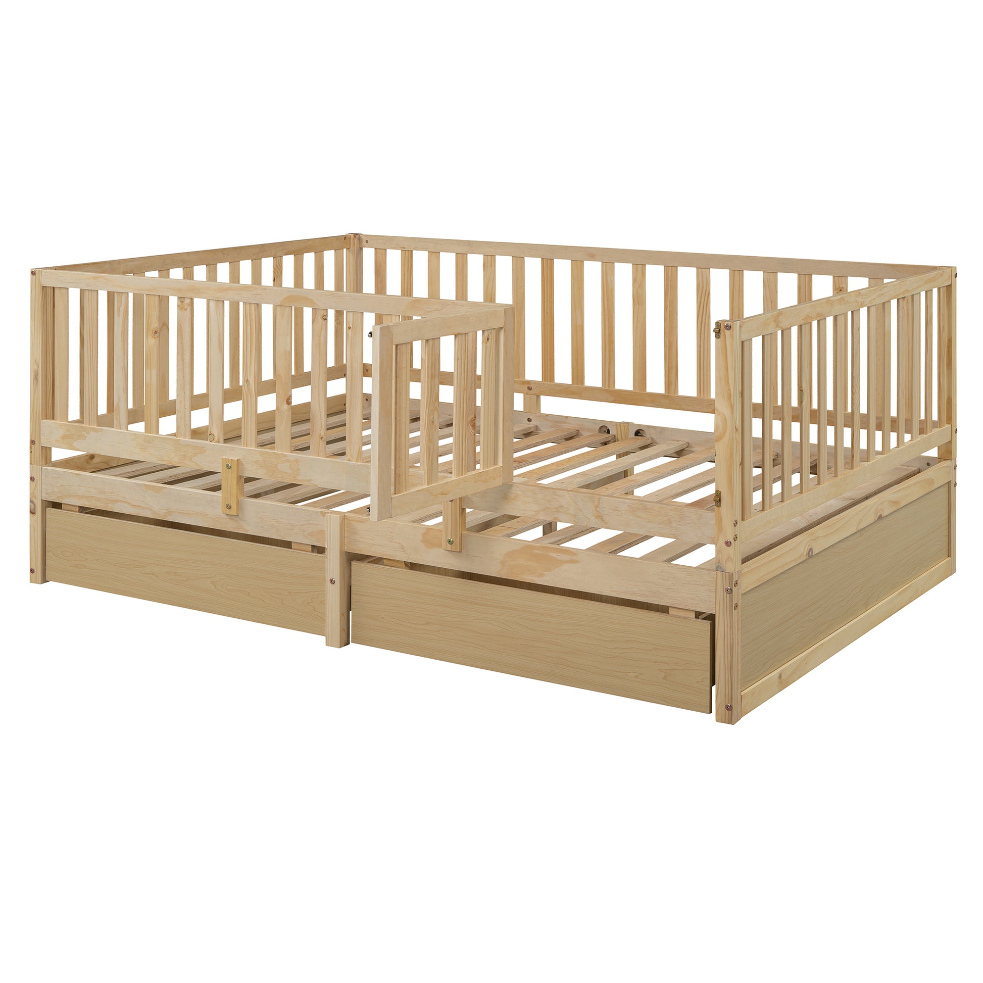 Full Size Wood Daybed With Fence Guardrails And 2 Drawers, Split Into Independent Floor Bed & Daybed, Natural Old Sku :Lp000882Aan Full Natural Solid Wood Mdf