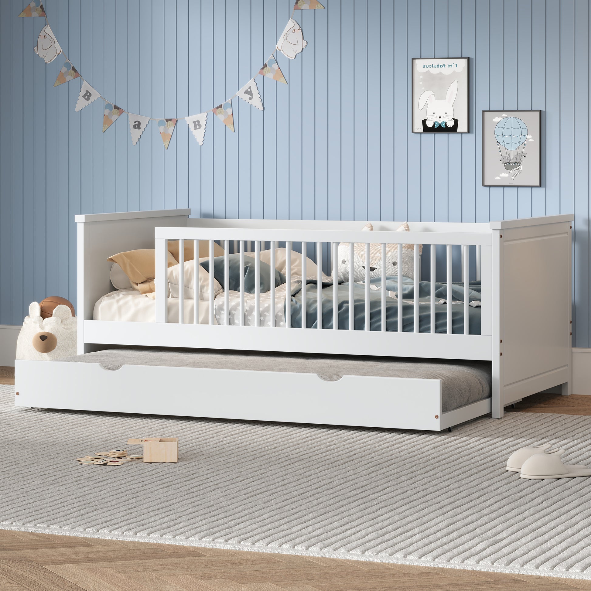 Wood Twin Size Platform Bed With Guardrail And Trundle, White Box Spring Not Required Twin White Wood Bed Frame Solid Wood Mdf