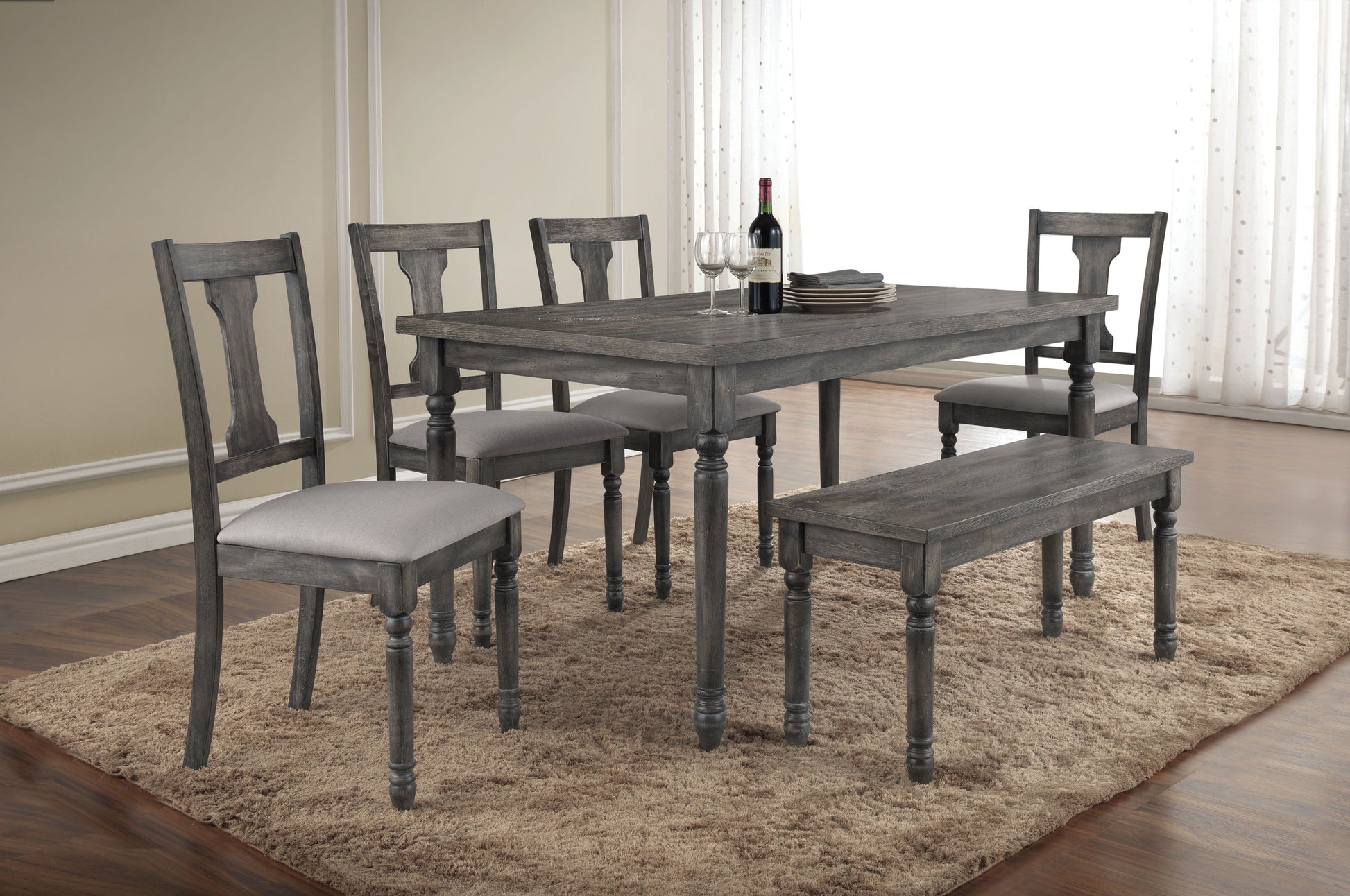 Weathered Grey Dining Table With Turned Leg Grey Seats 6 Dining Room Rustic Rectangular Mdf