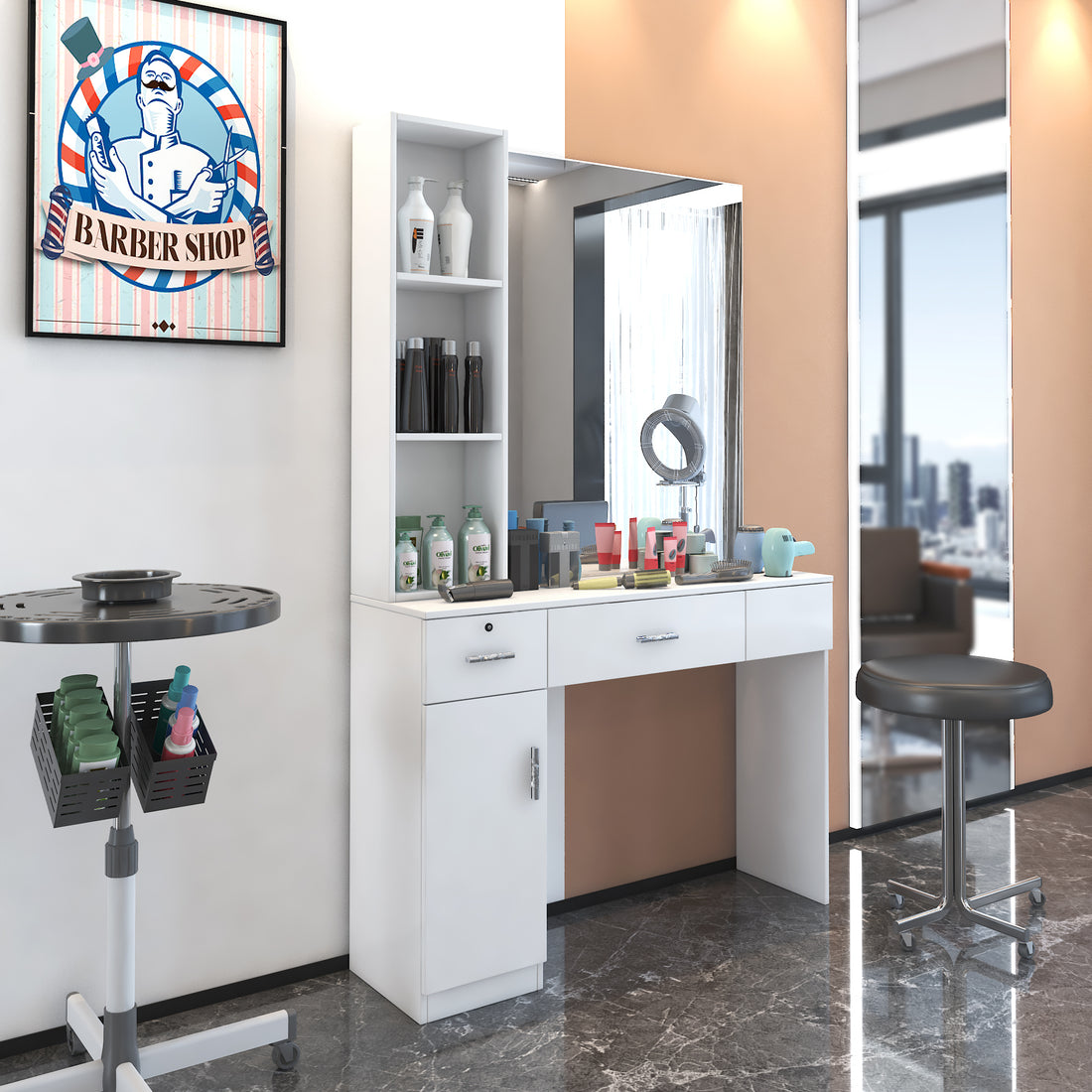 Salon Station Barber Stations Styling Station Barber Beauty Spa Salon Equipment Set With Mirror White Mdf