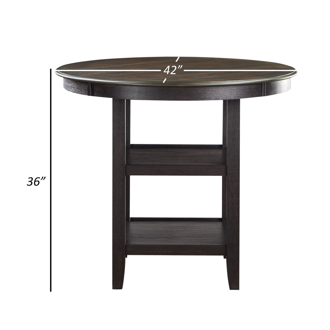 Anji 42 Inch Counter Table, Round Surface, 2 Open Shelves, Brown, Black Black Brown Wood