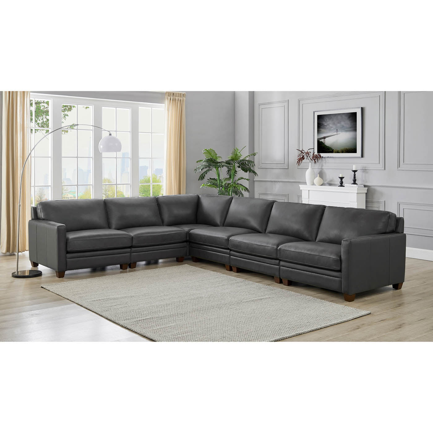 Naples Top Grain Leather L Shape Sectional With Ottoman Gray Genuine Leather Wood Primary Living Space Medium Firm Cushion Back Mid Century Modern L Shaped Eucalyptus Square Arms Memory Foam Leather 7 Seat