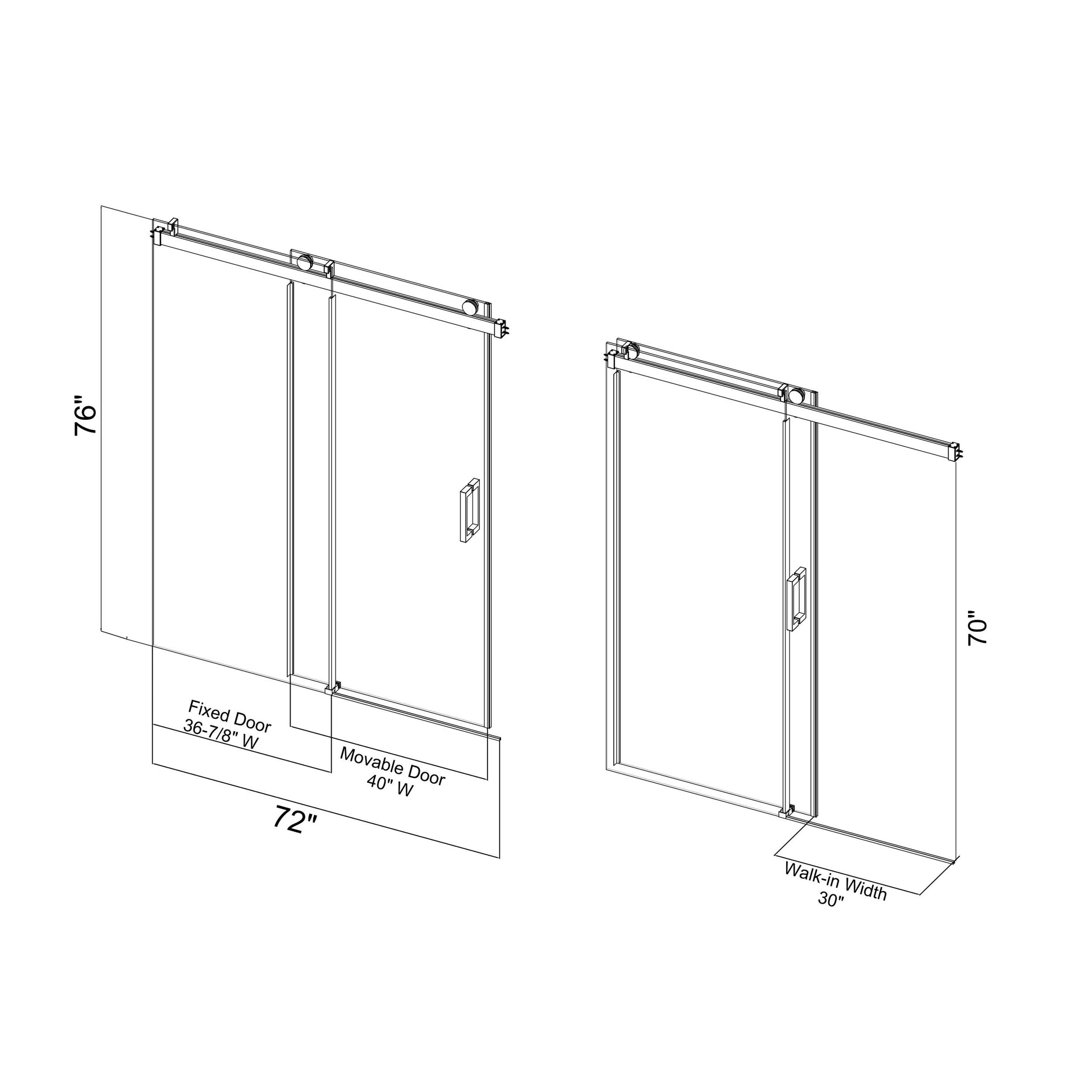 68" 72" W x 76" H Frameless Soft closing Single matte black-bathroom-tempered glass