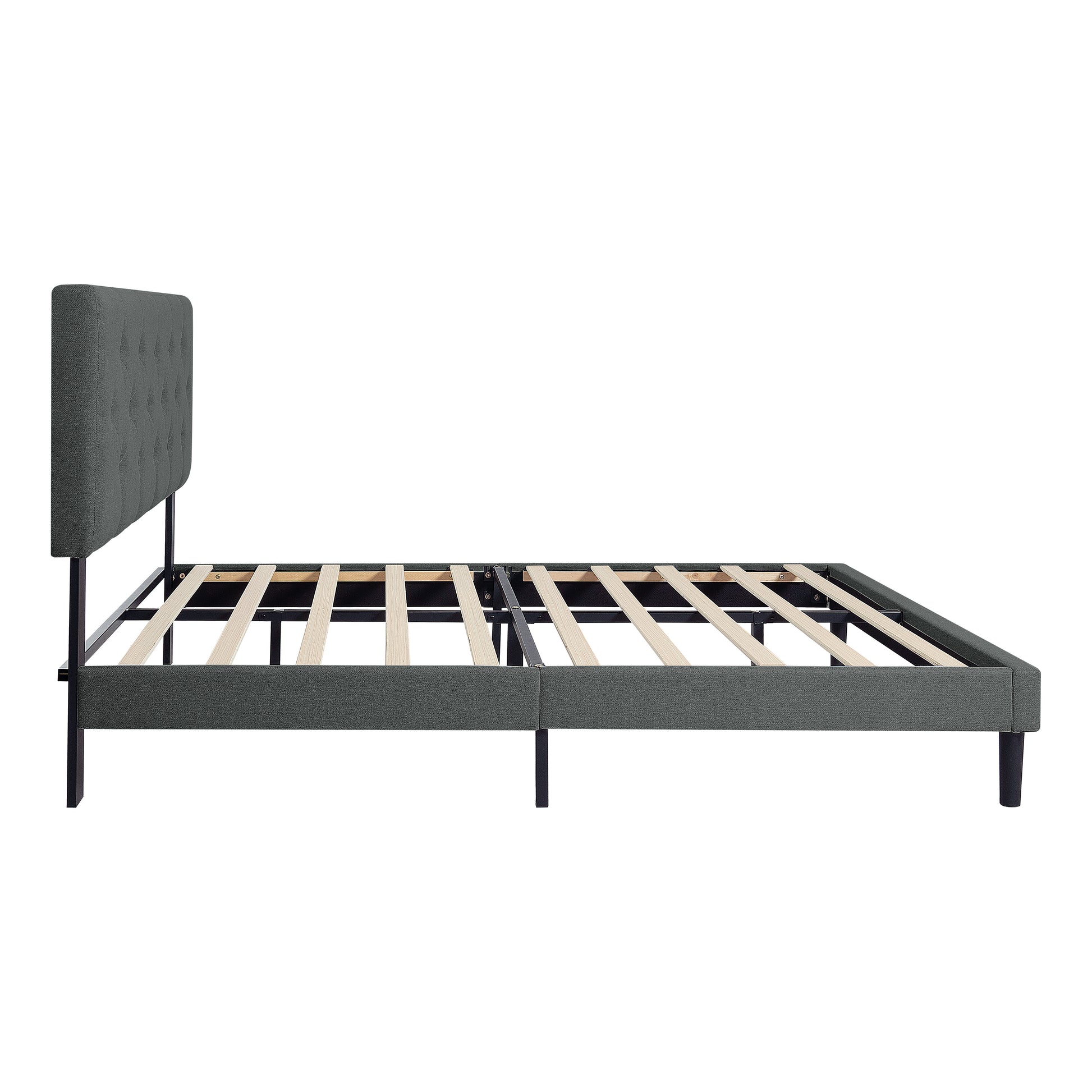 Queen Size Upholstered Platform Bed Frame With Modern Button Tufted Linen Fabric Headboard, No Box Spring Needed, Wood Slat Support, Easy Assembly, Dark Grey Queen Dark Gray Linen