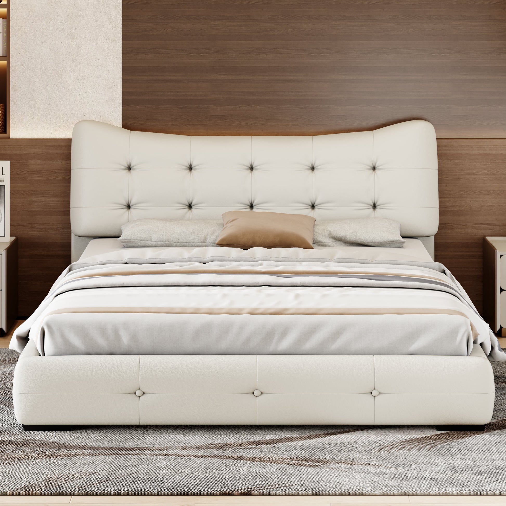 Modern Pu Upholstered Queen Bed With Ergonomic Wingback Headboard, No Box Spring Needed, Cream Box Spring Not Required Queen Cream Composite Bedroom Contemporary Bed Frame Pu,Upholstered