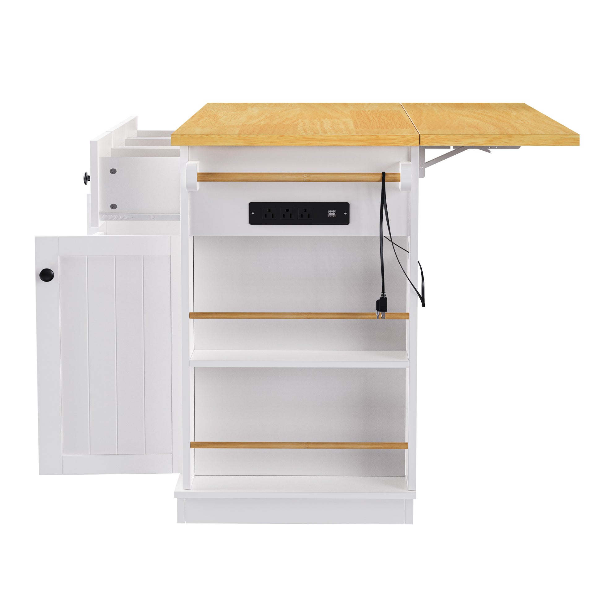 K&K 53Inch Large Kitchen Island With Drop Leaf, Power Outlet, Door Internal Storage Rack, Rolling Kitchen Cart On 5 Wheels With 5 Open Side Racks For Kitchen, Dining Room,White Not Include Bar