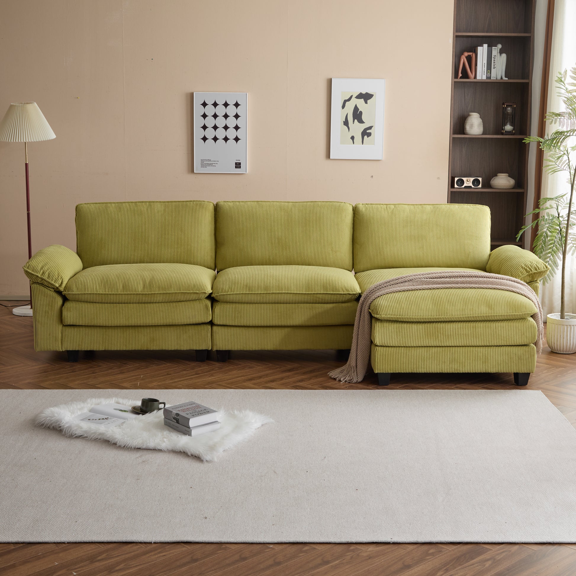 Modular Sectional Sofa With Movable Ottoman,L Shaped Corduroy Fabric Couch With High Supportive & Soft Sponges And Removable Ottoman, Sleeper Comfy Upholstered Furniture For Living Room,Green Green