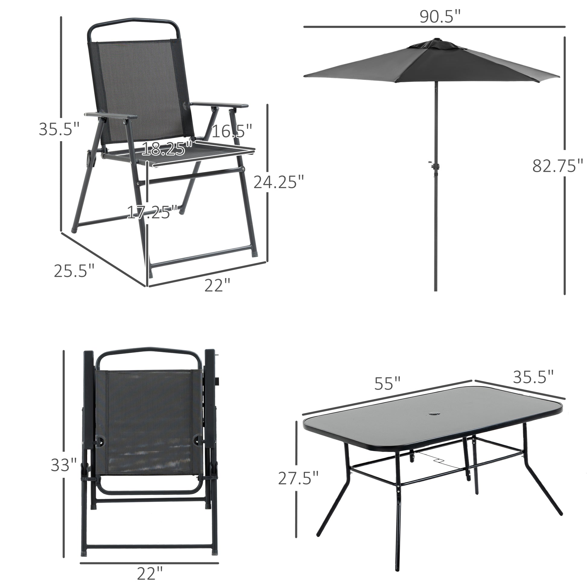 Outsunny 8 Piece Patio Dining Set With Table Umbrella, 6 Folding Chairs And Rectangle Dining Table, Outdoor Patio Furniture Set, Black Black Metal