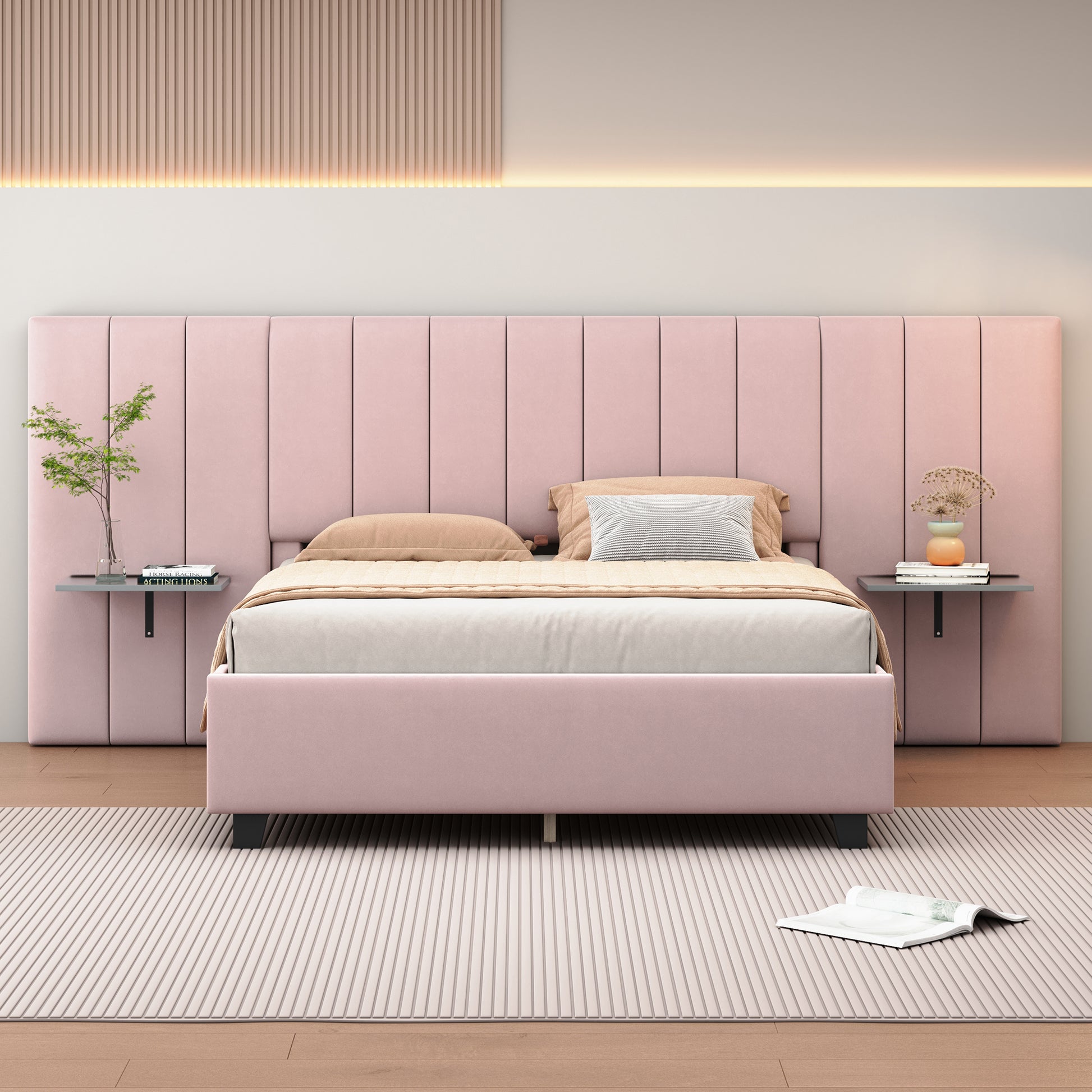 Queen Size Upholstered Platform Bed With Big Headboard, Bedroom Furniture, Velvet, Pink Queen Pink Plywood