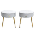 19.6'' Easy Assembly End Tables With High Gloss Faux Marble Tabletops, Set Of 2, Modern Fluted 2 Side Tables With Drawers, Round Coffee Tables With Golden Legs For Living Room, Grey Grey Gold Primary Living Space Drawers Round Mdf Iron