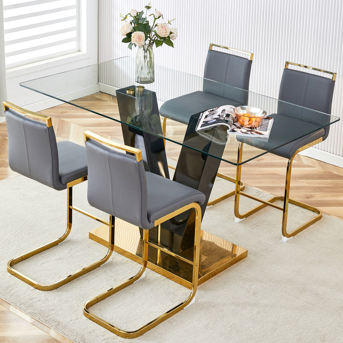 Table And Chair Set,Large Modern Minimalist Rectangular Glass Dining Table For 4 8 With 0.4" Tempered Glass Tabletop And Mdf Slab V Shaped Bracket, Pu And Gold Legs Of The Chair. Black Grey Seats 4 Tempered Glass